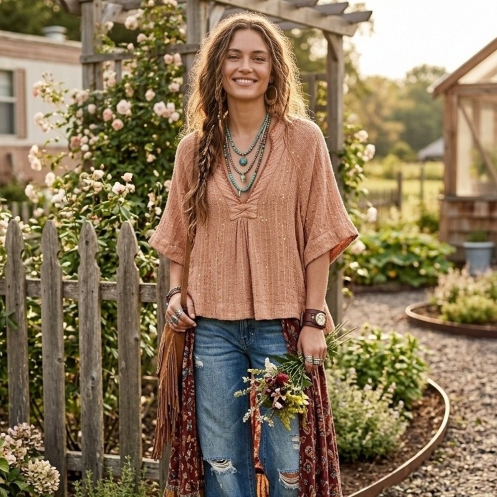Free People Women XS Blouse Peach Boho Sequin Textured V-Neck Kimono Sleeve Top